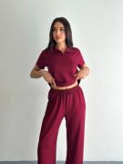Osy Modal Yumuşak Dokulu Kumaş Kısa Kollu Yakalı T-shirt Pantalon Ikili Takım- Bordo resmi